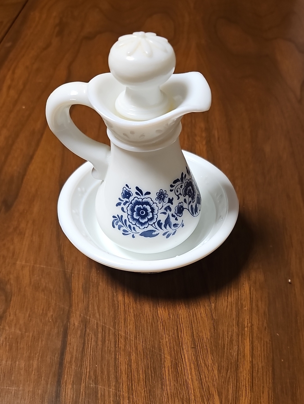 White Milk Glass Cruet with Blue Floral Transfer